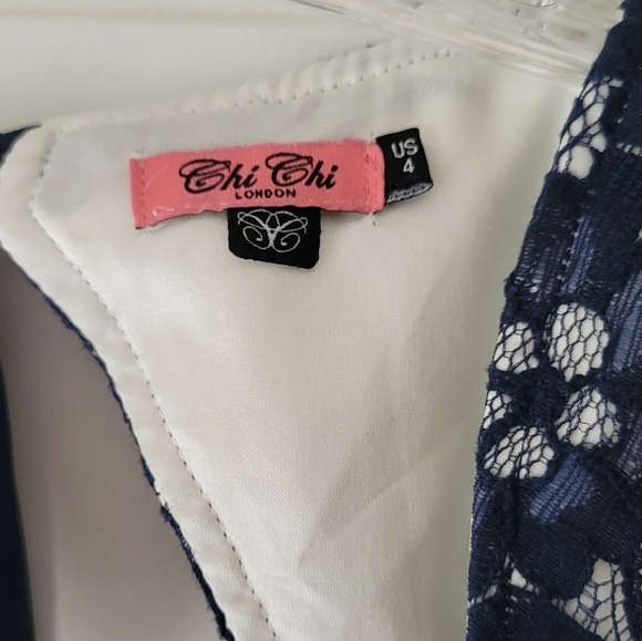 Pleated Cap Sleeved Blue White Lace Tulle Midi Cocktail Dress Size 4 - Picture 4 of 12